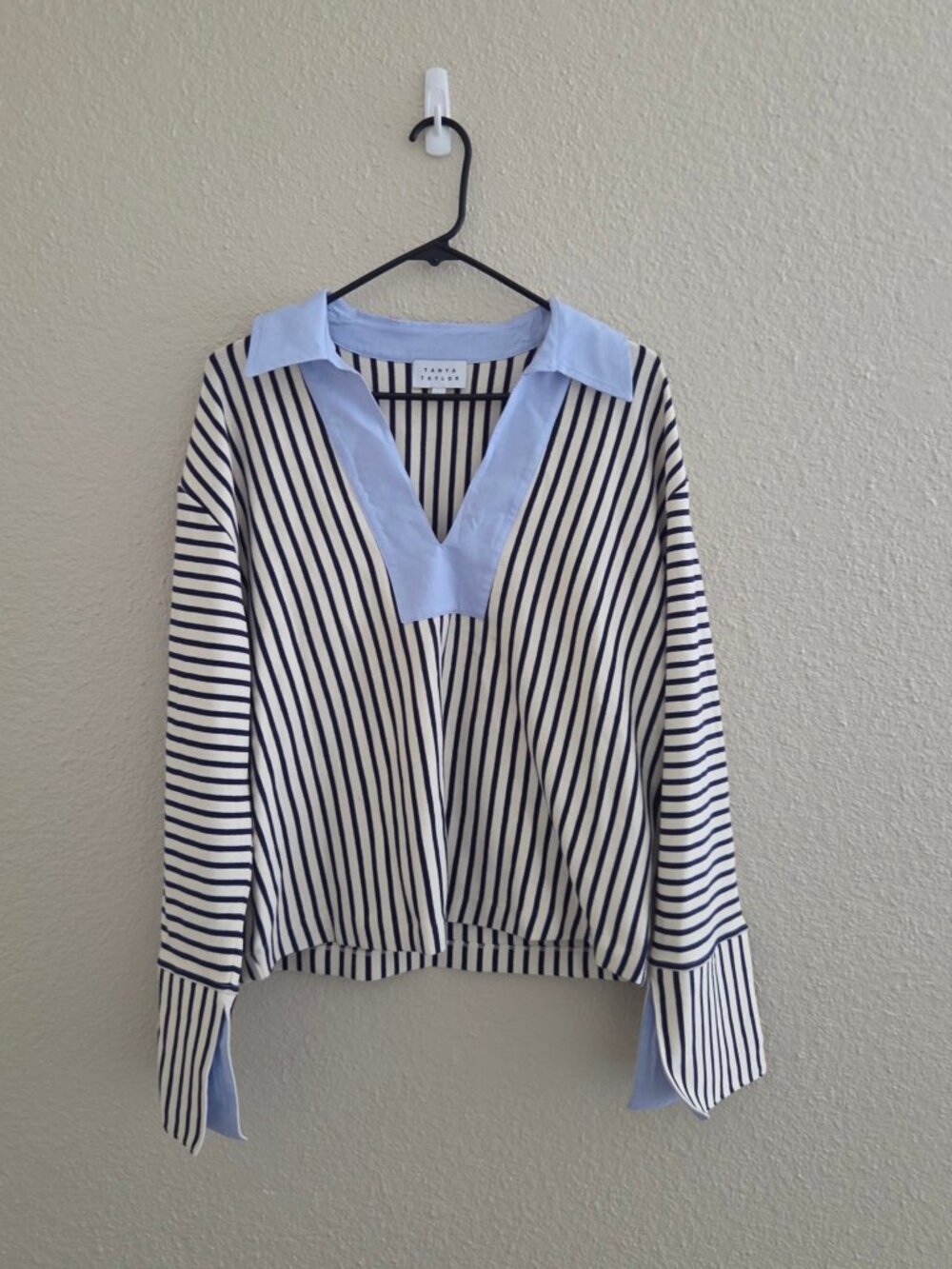 Tanya Taylor Womens Striped Sweater L Navy White Blue Collar V-Neck Knit